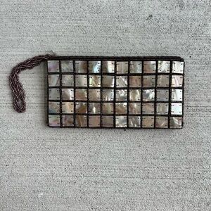 ‼️SOLD‼️ Mother of Pearl Shell Beaded Wristlet Pouch Clutch Brown Zip Handmade